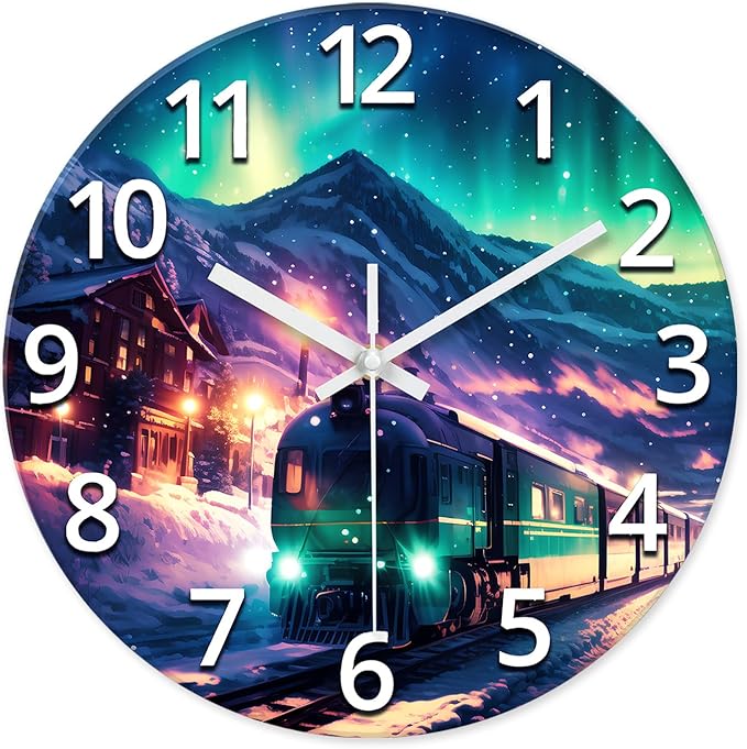 XNM Snow Mountain Large Wall Clocks Battery Operated 16 Inch Teal Glass Clocks for Living Room Decor Aurora Silent Wall Clock Train