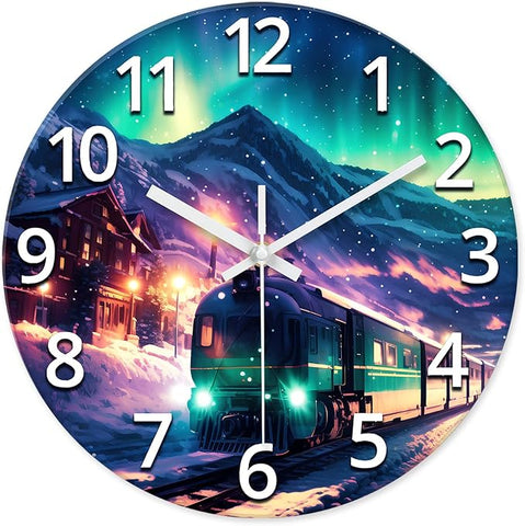 XNM Aurora Glass Battery Wall Clock 12 Inch Snow Mountain Teal Office Clock Analog Modern Round Silent Wall Clock Non Ticking
