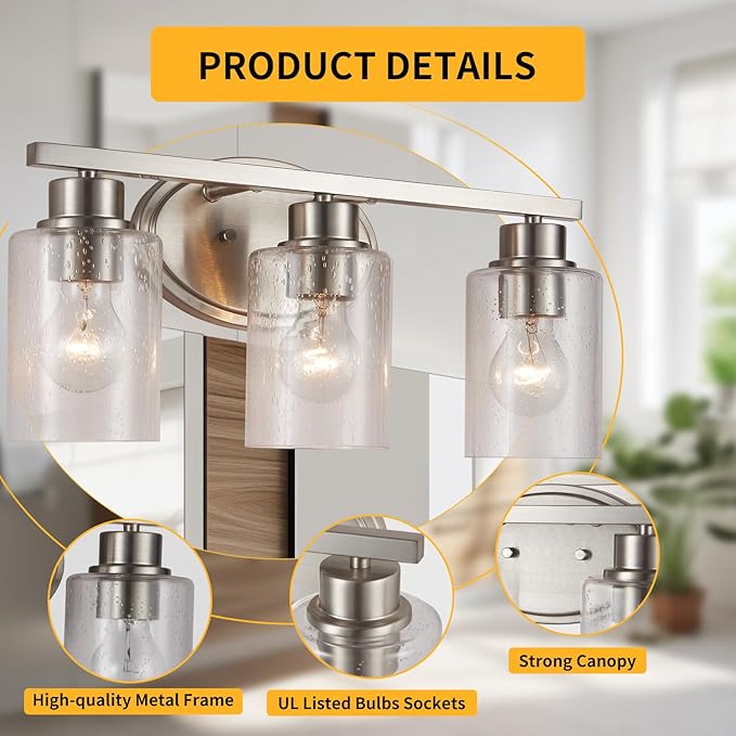 Bathroom Vanity Light Fixtures Over Mirror, Seeded Glass Bathroom Vanity Light, 3 Light Brushed Nickel Bathroom Light Fixtures with Clear Glass, Modern Rustproof Vanity Light Wall Mount