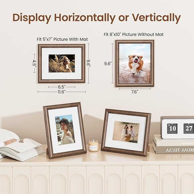 8x10 Picture Frame, USA-Sourced Walnut Wood Frame with Tempered Glass, Display 5x7 with Mat or 8x10 Without Mat, 8 by 10 Photo Frame for Wall & Tabletop Display, Handcrafted Wood Frame, 1 Pack