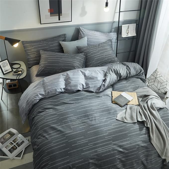 VM VOUGEMARKET Grey Stripes Duvet Cover King Modern Men Bedding Set with 2 Pillow Shams -100% Cotton Reversible Luxury Boys Comforter Cover with Zipper Closure 104X90 Inch