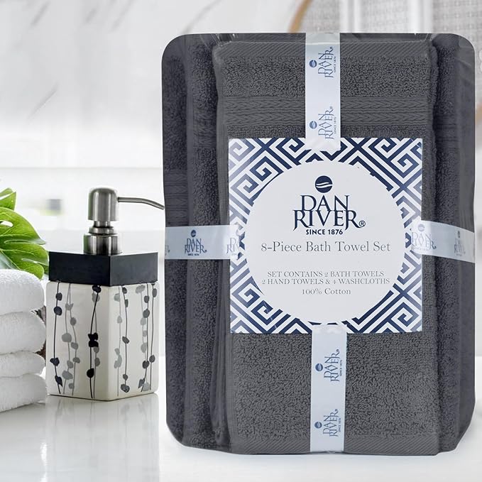 DAN RIVER 8 PC Luxury Bath Towels for Bathroom, 2 Bath, 2 Hand, and 4 Wash Cloths, 600 GSM 100% Ring Spun Cotton Towel Set, Highly Absorbent, Gym, Hotel, and Spa, Charcoal