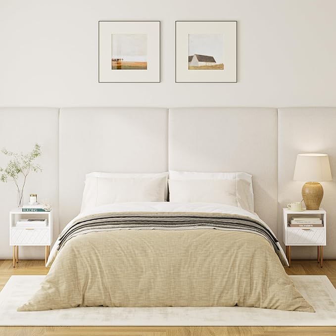 Nightstand,Morden Bedside Table with Gold Frame,Small White Night Stand,End Table,Bedside Furniture,Side Table with Drawer and Shelf for Bedroom,Living Room (1Drawer, White-Square)