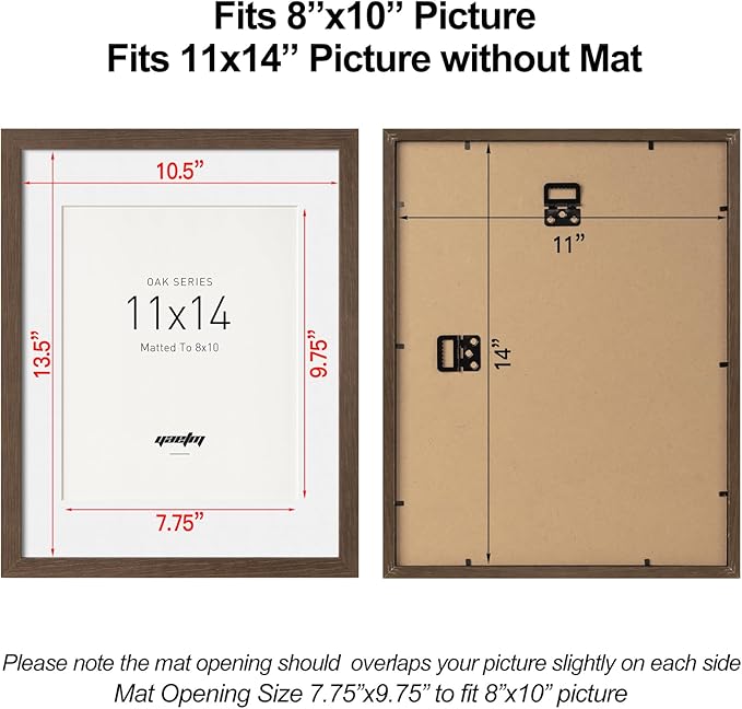 Yaetm 11x14 Picture Frame with Mat for 8x10 - Brown Walnut, Rustic Solid Wood Photo Frame 11 x 14 with Tempered Glass for Art Print & Picture, Horizontal and Vertical Wall Mount (Single, Walnut)