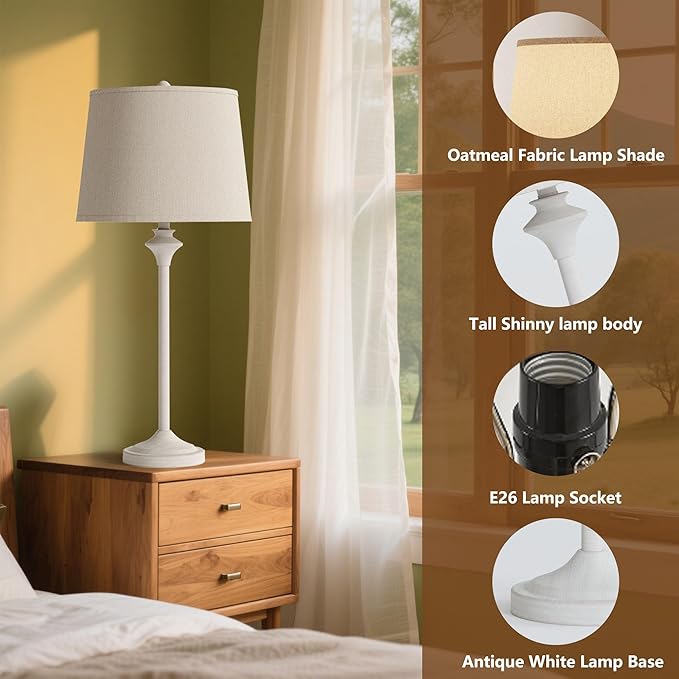 Maxax Farmhouse Table Lamps Set of 2 for Living Room, Antique White Metal Buffet Lamps with Oatmeal Shade Decor, 26" Tall Skinny Bedside Nightstand Lamps for Bedroom