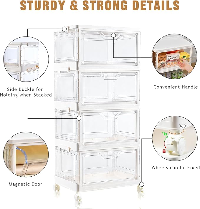 Collapsible Plastic Storage Bins with WheelsClear Stackable Storage Bins with Lid Stackable Storage Bins with Open Door Folding Storage Bins Organizer for Closet Bedroom Living Room