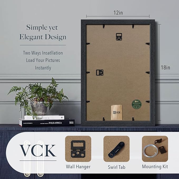 VCK 12x18 Black Oak Poster Frame 3-Pack, Natural Grain Solid Wood Picture Frame, Wall Gallery Frame