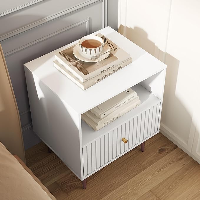 White Night Stand Set 2,Modern Bedside Table with Door and Open Storage,Fluted Nightstand and Wood End Side Table with Rose Gold Metal Legs and Handles for Bedroom,Living Room,White