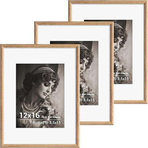 12x16 Picture Frame Set of 3 - Solid Oak Wood Picture Frames with HD Tempered Glass, Handcrafted Rounded Corner 12 x 16 Wooden Frame Matted to 8.5x11 Photos, Horizontal or Vertical Wall Display