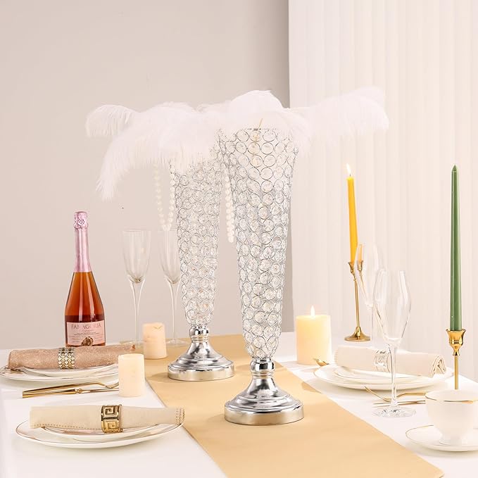 2 Pcs Crystal Trumpet Vases for Centerpieces, 20" Metal Floral Vase Centerpieces for Wedding Table Celebration, Wedding Flower Vase for Party Anniversary Birthday Home Décor
