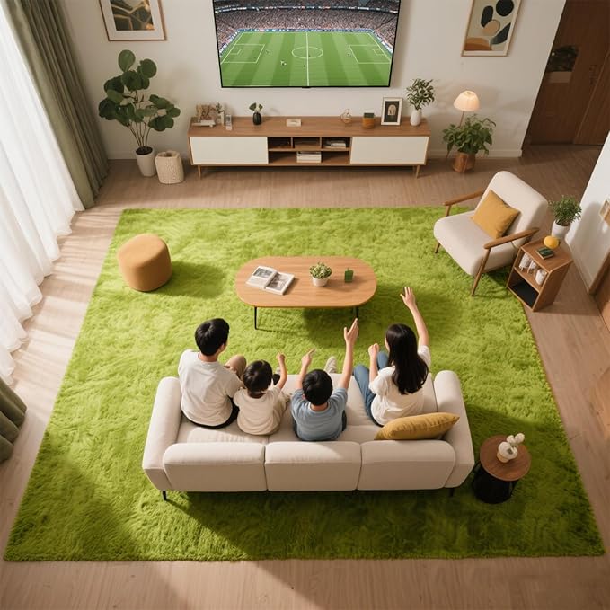 Green Grass Area Rugs for Bedroom Living Room, 9x12 Fluffy Fuzzy Shaggy Carpet for Kids Playroom Nursery Room, Thick Soft Plush Mat for Kids Baby Boys Teen Dorm Home Decor Aesthetic
