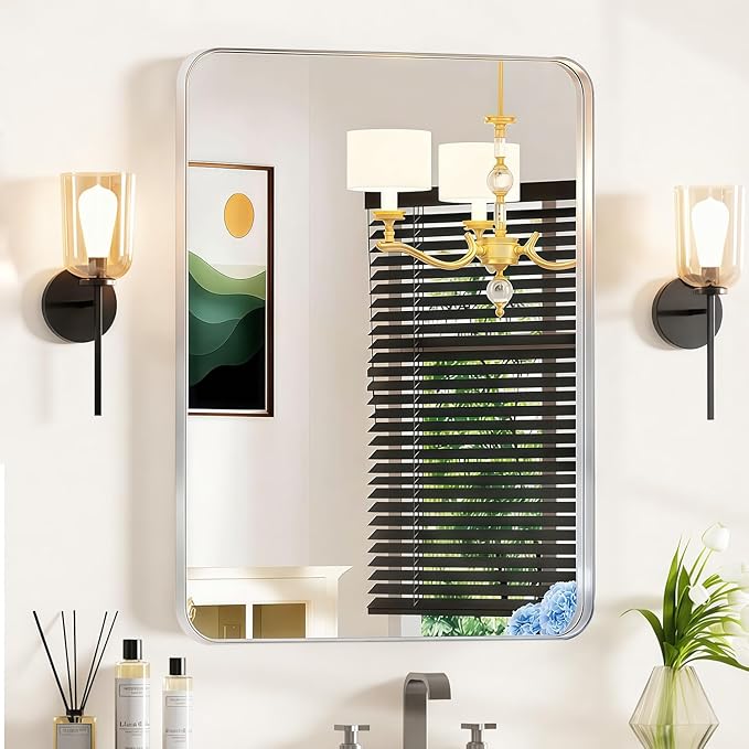 24×32 Silver Bathroom Mirror for Over Sink - Rectangular Bathroom Mirrors with Tempered Glass & Aluminum Frame, for Restroom Vanity, Entryway, Bedroom, Horizontal/Vertical, Rounded Corners
