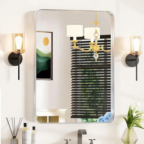 24×32 Silver Bathroom Mirror for Over Sink - Rectangular Bathroom Mirrors with Tempered Glass & Aluminum Frame, for Restroom Vanity, Entryway, Bedroom, Horizontal/Vertical, Rounded Corners
