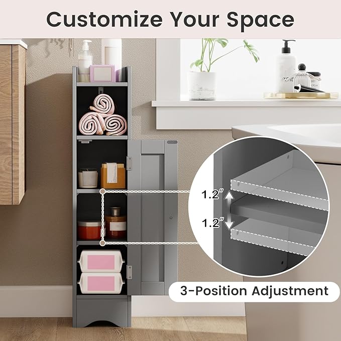 Tangkula Small Bathroom Storage Cabinet with Door, Toilet Paper Holder Stand with Adjustable Shelves & Open Compartment for Small Spaces, Narrow Freestanding Storage, 7 x 7.5 x 31.5 Inches (Grey)