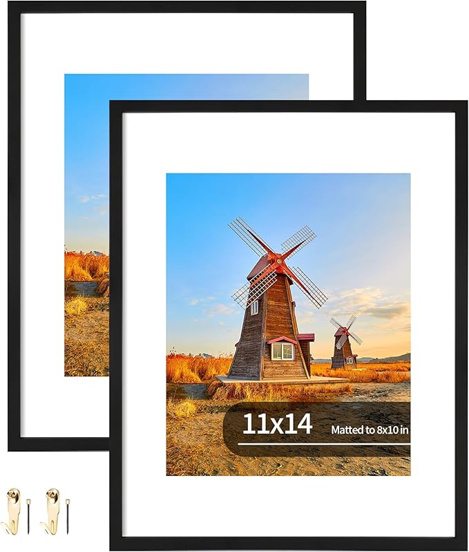 11x14 Metal Picture Frame Set of 2, 11 x 14 Aluminum Photo Frames with 8x10 Mat - Sawtooth Hangers, Spring Clips for Wall Mounting Horizontal and Vertical(Black)