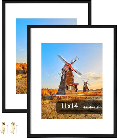 11x14 Metal Picture Frame Set of 2, 11 x 14 Aluminum Photo Frames with 8x10 Mat - Sawtooth Hangers, Spring Clips for Wall Mounting Horizontal and Vertical(Black)