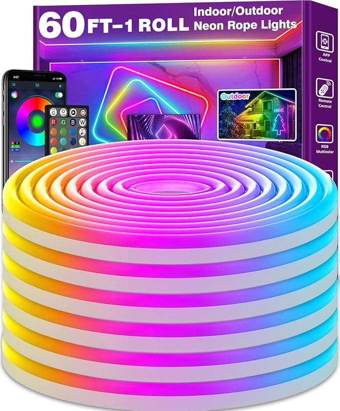 AILBTON 60FT Led Neon Rope Lights Control with App/Remote,Flexible Led Rope Light,Multiple Modes,IP65 Outdoor RGB Lights Waterproof,Music Sync Gaming Led Neon Strip Light for Bedroom Decor (60FT)