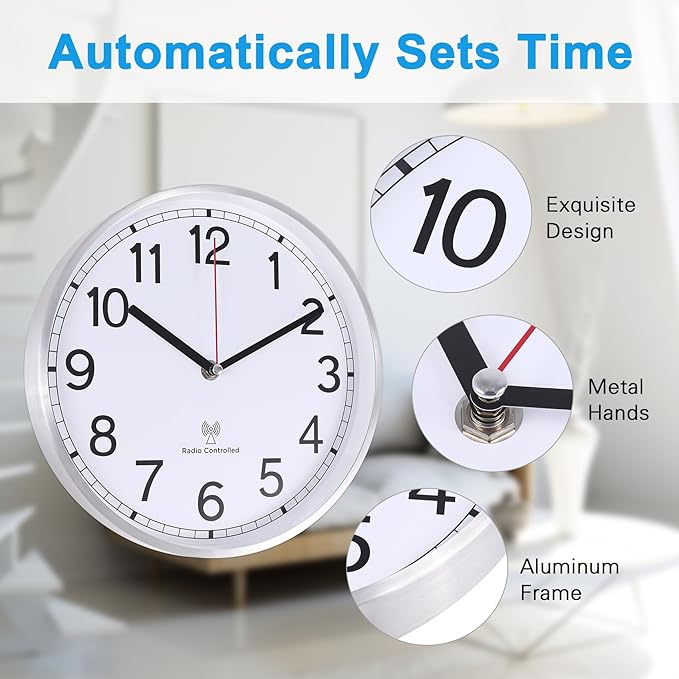 Atomic Analog Wall Clock, 10Inch Radio Controlled Sets Automatically Wall Clock, Decorative for Living Room Office School