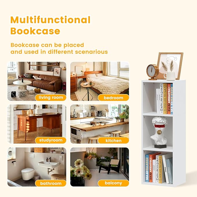 Narrow Bookshelf, 35.8" H Floor Standing Bookcase, Open Bookshelves Storage Organizer Display Shelves, Modern Corner Bookshelf Storage Cabinet for Living Room, White
