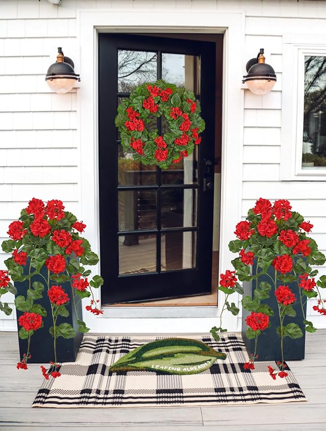 Briful Artificial Geranium Hanging Plant in Vintage Woven Basket, 29.9 Inch Trailing Faux Plant with Red Silk Flowers and Green Plastic Leaves, Realistic Indoor Outdoor Garden Shelf Decor