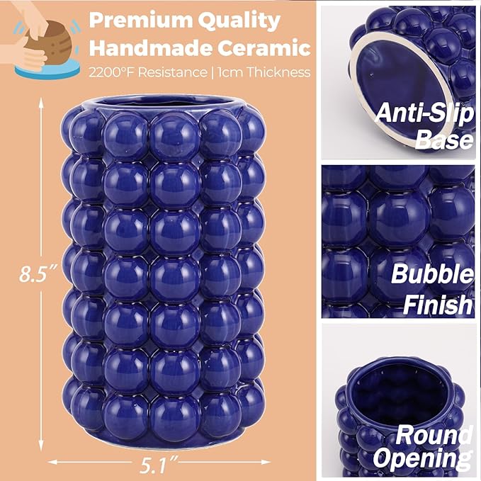 Bubble Vase, Blue Ceramic Vase, Short Vase, Ceramic Flower Vase, Modern Vase, Decorative Vase for Decor, Tall Bubble Vase for Living Room, Wedding, Entryway, Mantel, Office, 8.5 Inches