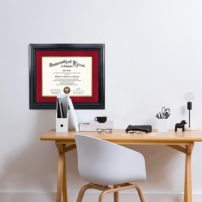 11x14 Diploma Degree Frame with Red Mat or Display 15x18 Certificates without Mat,Solid Wood,Black Finish with Intricate Black Rope Detail,UV Protection Acrylic