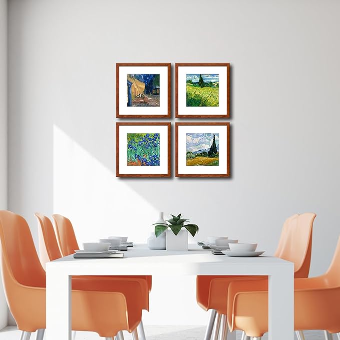 12x12 Picture Frame Set of 4 Made of Solid Wood Photo Frame with Real Glass for Pictures 8x8 with Mat or 12x12 without Mat, Wall Gallery or Tabletop display Frames, Brown