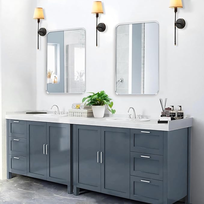 Brushed Nickel Bathroom Wall Mirror, Silver Metal Framed Large Rounded Corner Rectangle Mirror, Tempered Glass, Shatter Proof, Hangs Horizontally or Vertically (40" x 30", Silver)