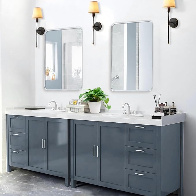 Wall Mount Mirror for Bathroom, Brushed Silver Metal Framed Rounded Corner Rectangular Vanity Mirror (20" x 30", Silver)