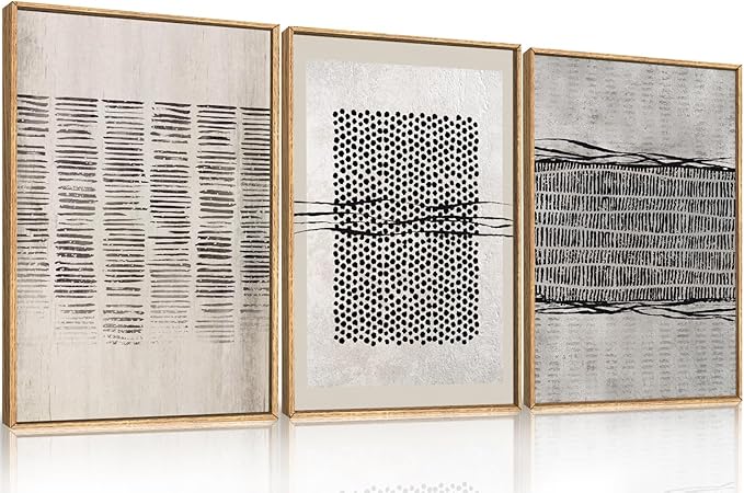 Large Abstract Black and Beige Framed Canvas Wall Art,Minimalist Geometric Lines Wall Decor,Cozy Neutral Shapes Artwork,Modern Lines Dots Art Print for Living Room,Bedroom,Office-16 x24 x3