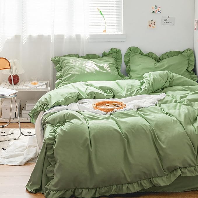 Luxlovery Sage Green Ruffle Comforter Set Full Boho Bedding Set Ruffled Farmhouse Boho Solid Blanket Quilts Aloe Green Bedding Set for Women Men
