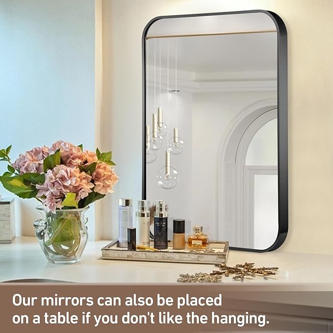 FARMER 16x20 Inch Black Bathroom Mirror, Brushed Rectangle Vanity Mirrors for Wall, Metal Frame Wall Mirror, Vanity Mirror with Round Corner for Bedrooms, Entryways, Living Rooms, Horizontal/Vertical