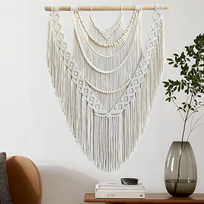 Large Macrame Wall Hanging, 27'' W x 36'' L Boho Art Tapestry Wall Decor for Urban entryway,Living Room,Bedroom Decor, headboard Woven, Big Fiber Art Over Couch (Wood Bead)