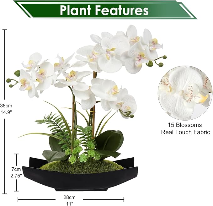 Briful Orchid Artificial Flowers 15in White Fake Orchid Silk Flowers with Black Pot Faux Phalaenopsis Arrangement for Home Office Room Table Centerpiece Modern Decor