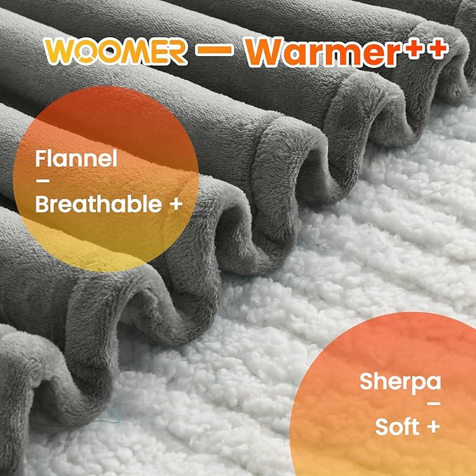 WOOMER Electric Heated Throw Blanket, Soft Flannel Fast Heating Bed Blanket with Multi-Color Option, Queen Size 84"x 90", 10 Heating Levels & 0.5-12H Auto Off, Over-Heat Protection