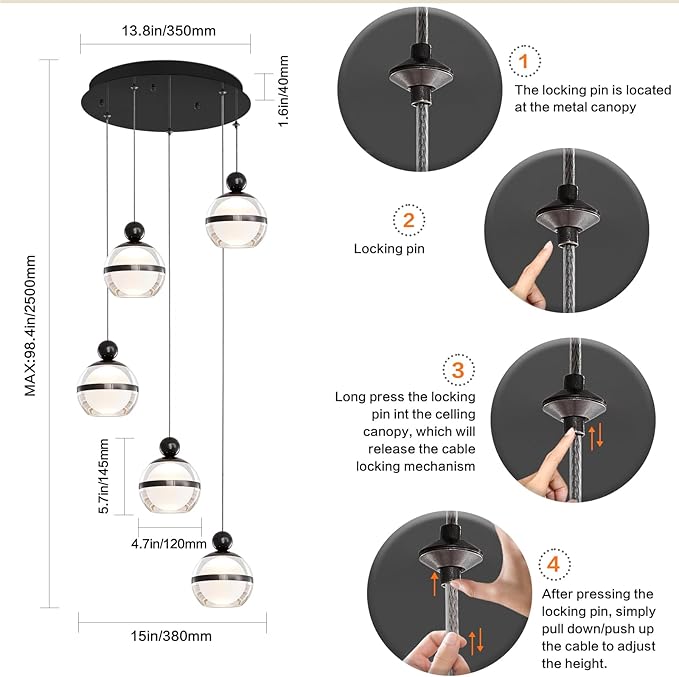 Modern Black Pendant Lighting LED Dimmable Hanging Pendant Light Fixtures Globe Cluster Pendant Lights Kitchen Island for Dining Room Living Room Bedroom Stairs 5 Lights
