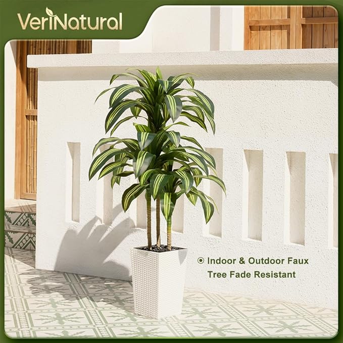 Artificial Dracaena Tree 5FT - UV Resistant Faux Tree with Large Taper Planter & Pebbles - Tall Fake Plants Indoor & Outdoor, Potted Floor Plant for Home Living Room Porch Decor, VN127