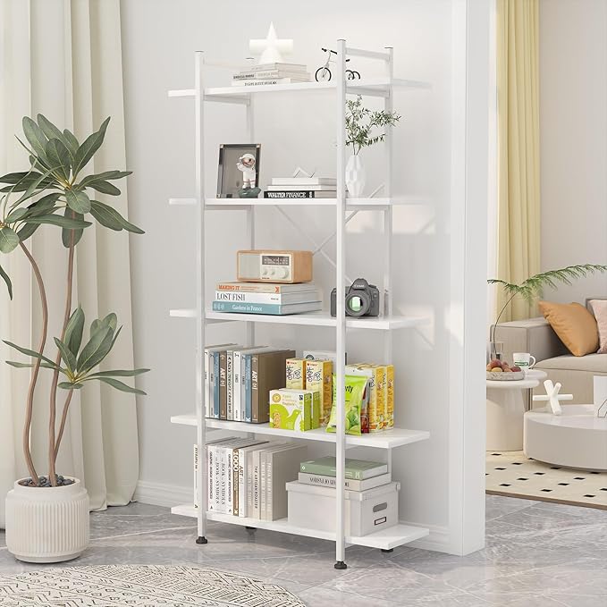 Bookshelf 5 Tiers White Wooden Storage Shelf,Modern Open Display Storage Bookcase Book Organizer,Metal Bookshelf Standing Storage Shelf Tall Shelving Units for Home Office Study