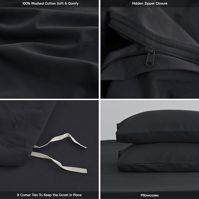 MooMee King Duvet Cover Set, 100% Washed Cotton Linen Like Twill Thick Sturdy Material Super Soft Breathable Durable Bedding for All Season, 3 Pieces (Black, King 104"x90")