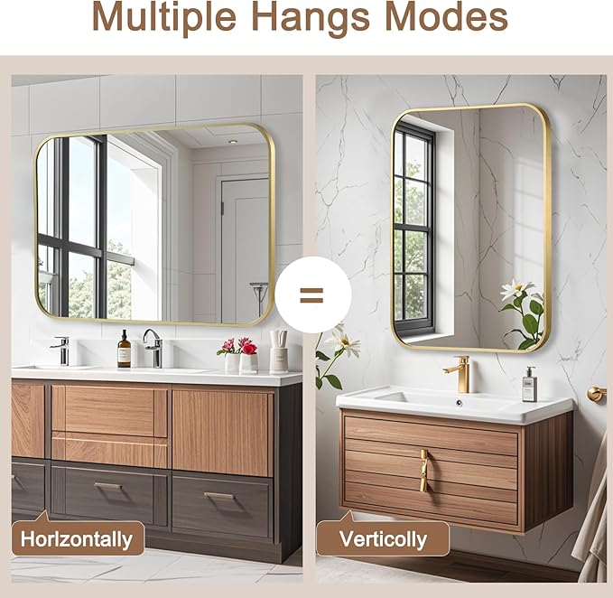 Brushed Gold Mirror, 20"x28" Rectangle Bathroom Mirror, Metal Frame Rectangle Corner Vanity Mirror, Wall Mounted Mirror for Modern, Living Room, Bedroom, Horizontal Or Vertical