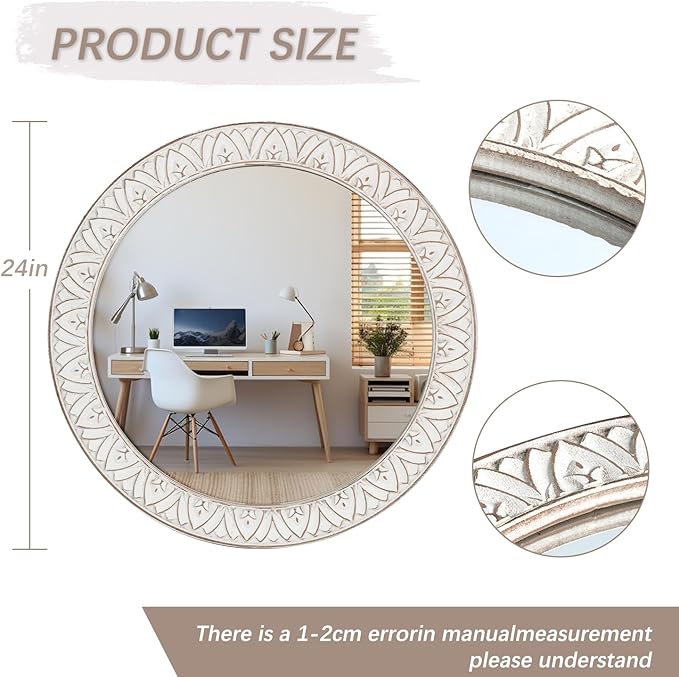 24" Round Mirror Farmhouse Wooden Frame Circle Mirrors, Rustic Decorative Distressed Wall Mounted Mirror for Bathroom, Bedroom, Living Room, Entryway, Fireplace, Hall