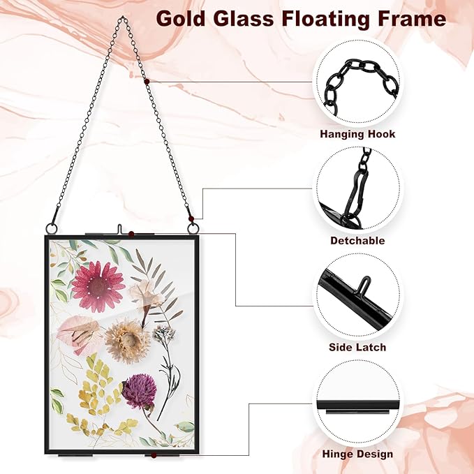 Barydat 12 Pack Pressed Flowers Glass Frames, 5 x 7 Inch Brass Hanging Floating Frame with Chain, Double Glass Photo Display for Dried Flowers, Plant Specimen, Artwork Display (Black)
