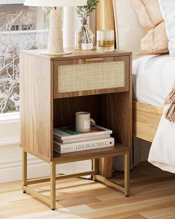 Masupu Rattan Nightstand,Modern Night Stand Boho Farmhouse Wood Bedside Table with Storage Drawer Side End Table for Bedroom,Living Room,Office,Walnut Brown