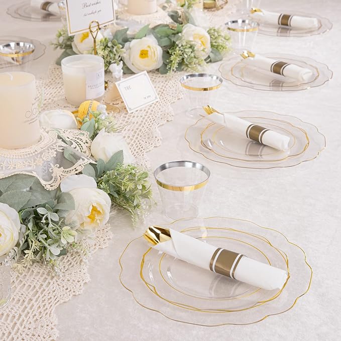 NOCCUR 50Guest Gold Rim Clear Plastic Plates&Disposable Silverware Cups-Include 100Plastic Plates, 150Gold Utensils, 50Cups and 50Napkins-Idea for Wedding&Party