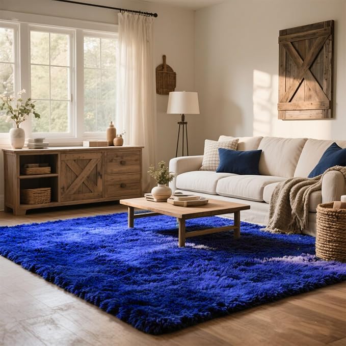 Area Rugs for Bedroom Living Room, 8x10 Soft Large Fluffy Fuzzy Shag Plush Furry Carpet, Soft Indoor Floor Mat for Kids Nursery Home Dorm Office Decor Aesthetic, Blue