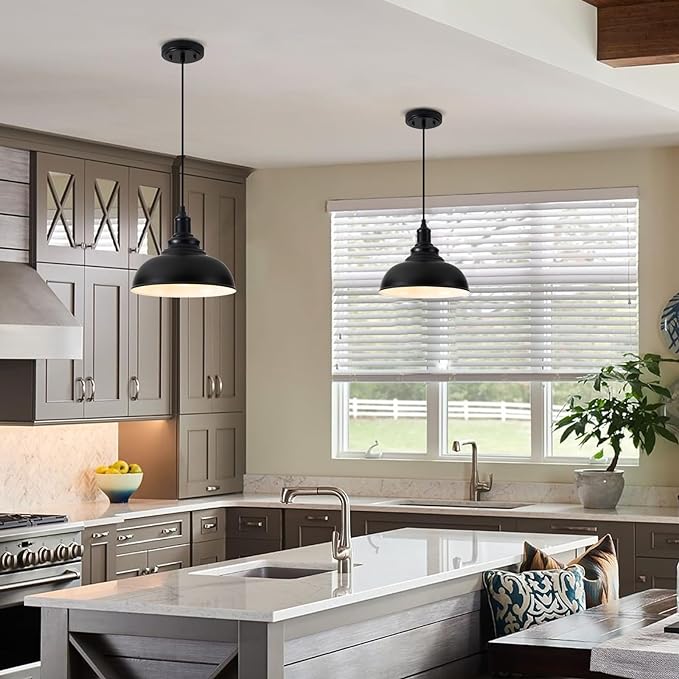 2 Pack Farmhouse Pendant Light Black Pendant Lights Kitchen Island Industrial Adjustable Hanging Barn Lamp Pendant Lighting Over Island Sink Light Fixtures