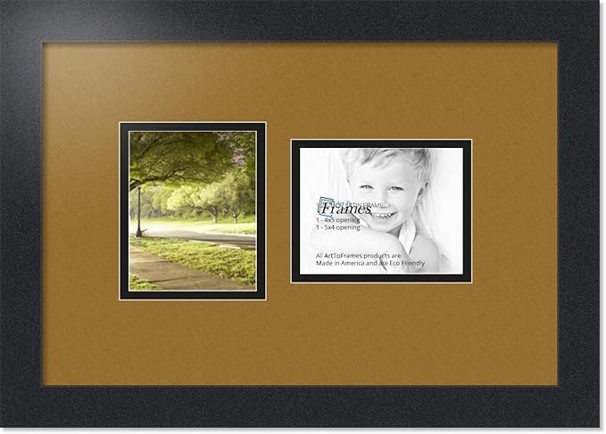 ArtToFrames Collage Photo Frame Double Mat with 2-4x5 Openings with Satin Black Frame and El Dorado mat.