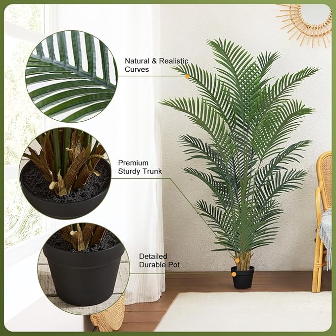 Artificial Palm Tree, 5FT Tall Fake Palm Trees with UV Resistant Leaves, Potted Faux Areca Palm Plant for Indoor Outdoor, Large Floor Plants for Home Living Room Porch Decor, 2Pcs - VN125