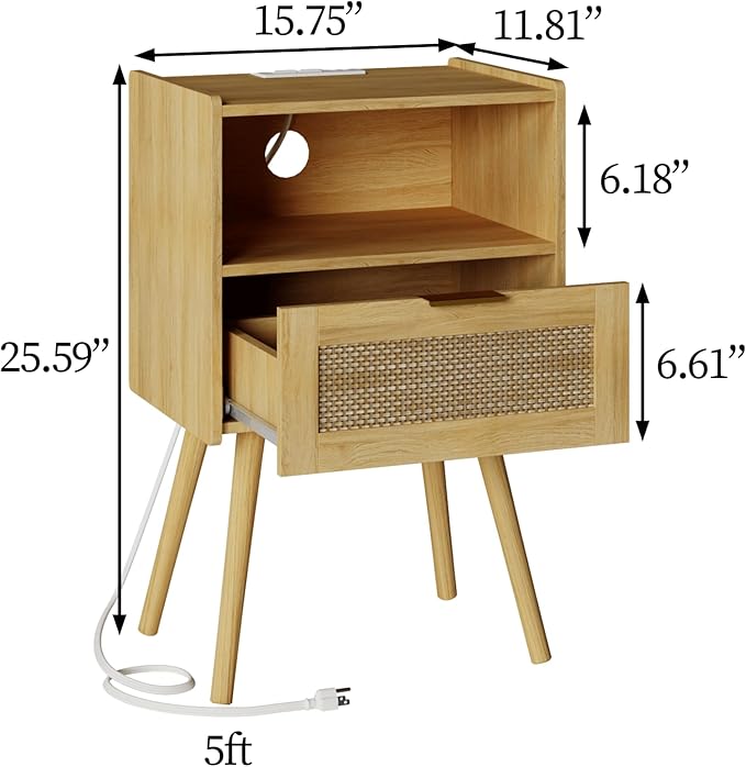 Rattan Nightstand with Outlet,Modern Bedside Table with Storage Drawer and Open Wood Shelf, for Living Room, Bedroom and Small Spaces, Accent Night Stand with Solid Wood Legs,Yellow Oak