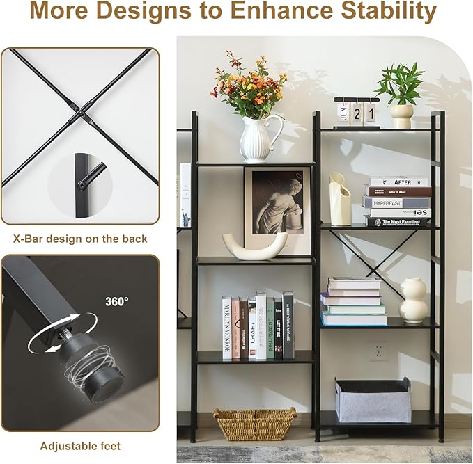 Triple 4 Tier Bookshelf, Tall Book Shelf with 11 Open Display Shelves, Adjustable Industrial Bookcase in Living Room, Bedroom, Wide Metal Bookshelf Book Case for Home & Office, Black
